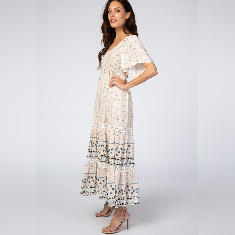 Pinkblush Cream Printed Smocked Midi Dress SZ S
